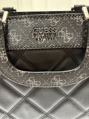 Guess Katey Luxury Satchel Bag Black Quilted Monogram Crossbody Purse